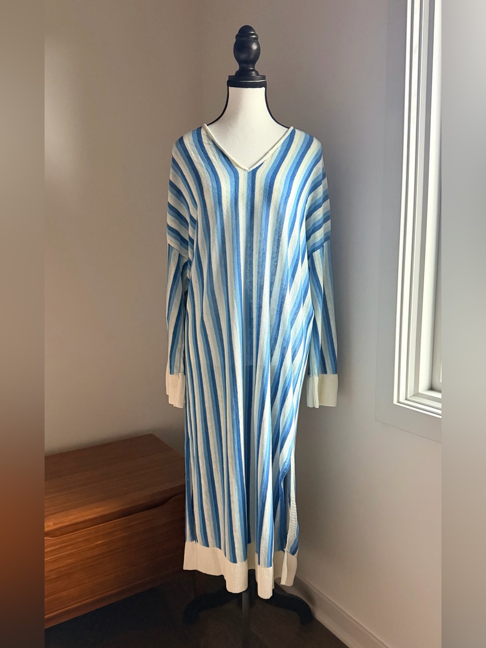 Zara Linen Blend Striped Maxi Tunic Dress Kaftan Blue White Size M